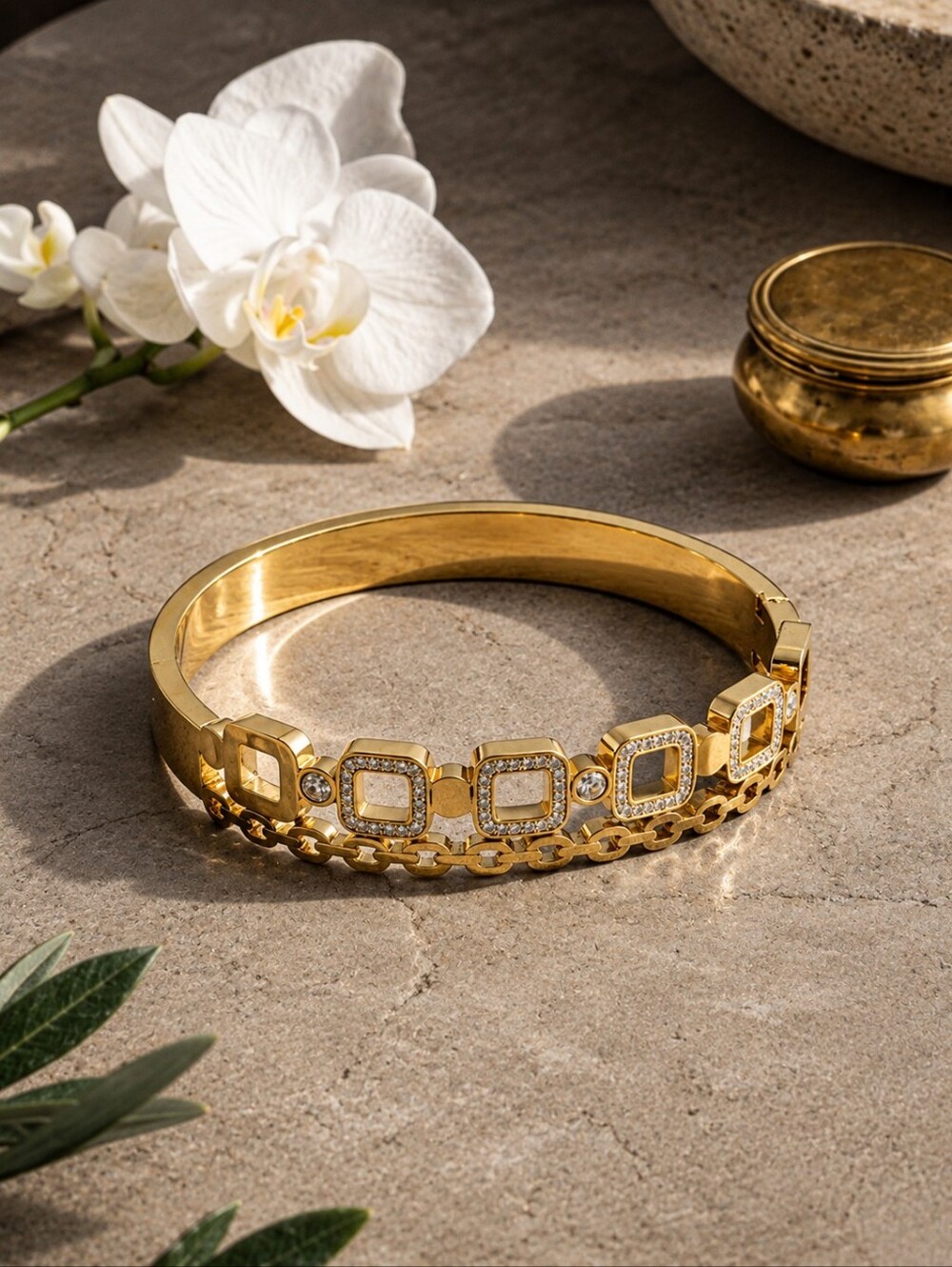 18K Gold Plated Cubic Zirconia Geometric Bangle Old Money Mob Wife Art Deco